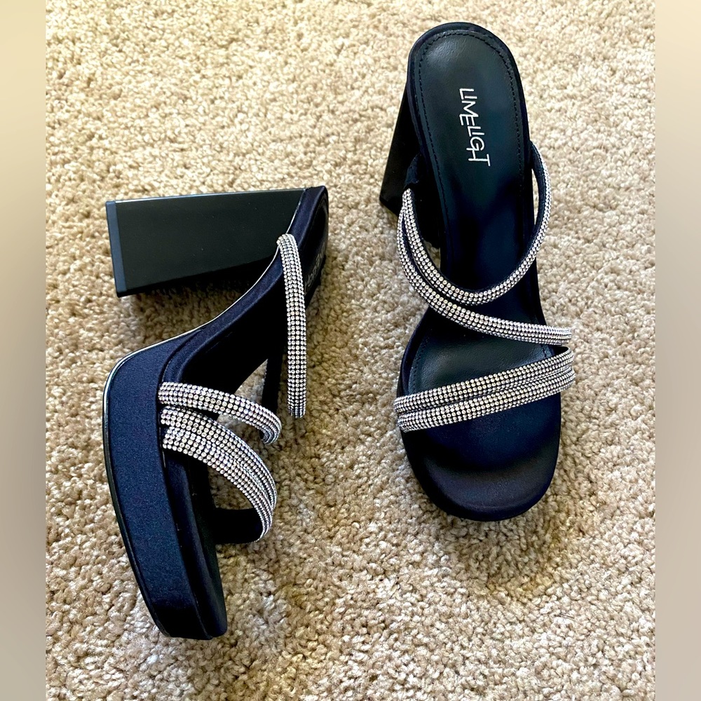 Black satin block heels